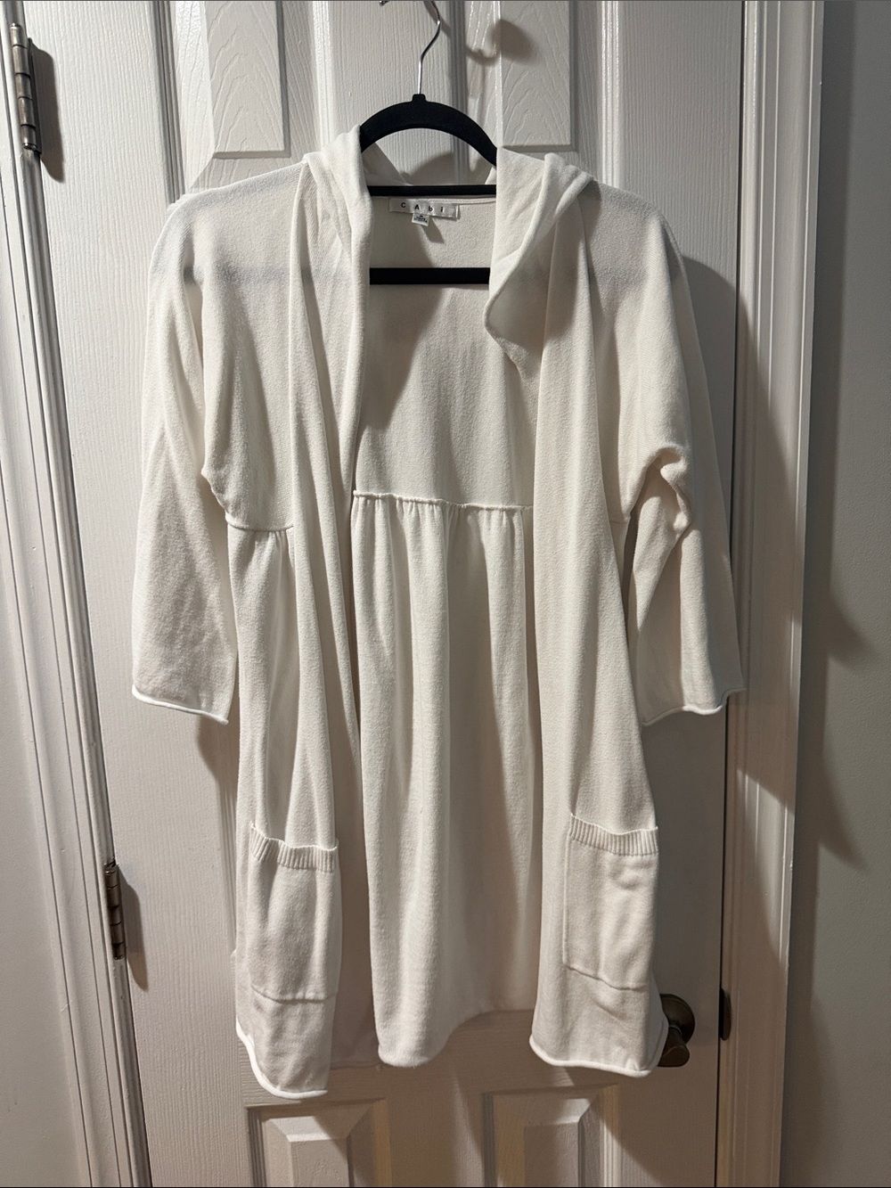 CAbi White Lightweight Knit Open Hooded long cardigan